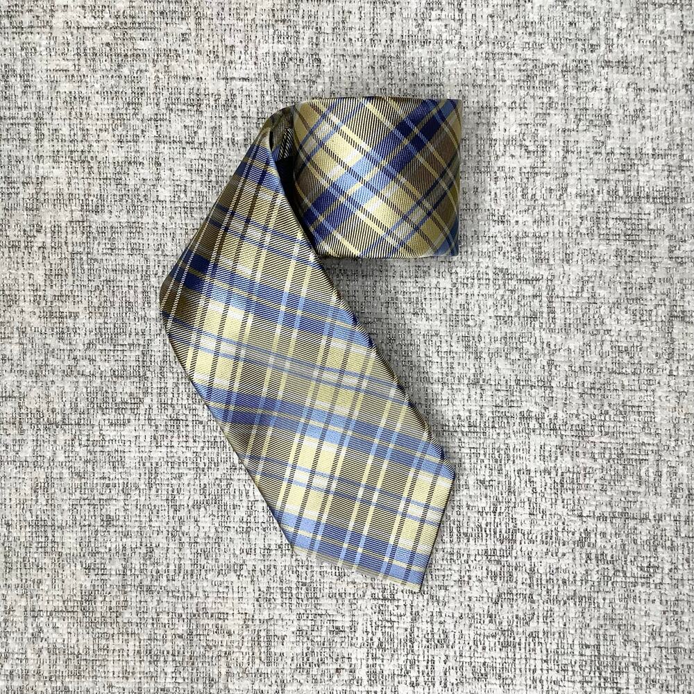 Tommy Hilfiger Yellow Blue White Plaid Silk Neck Tie